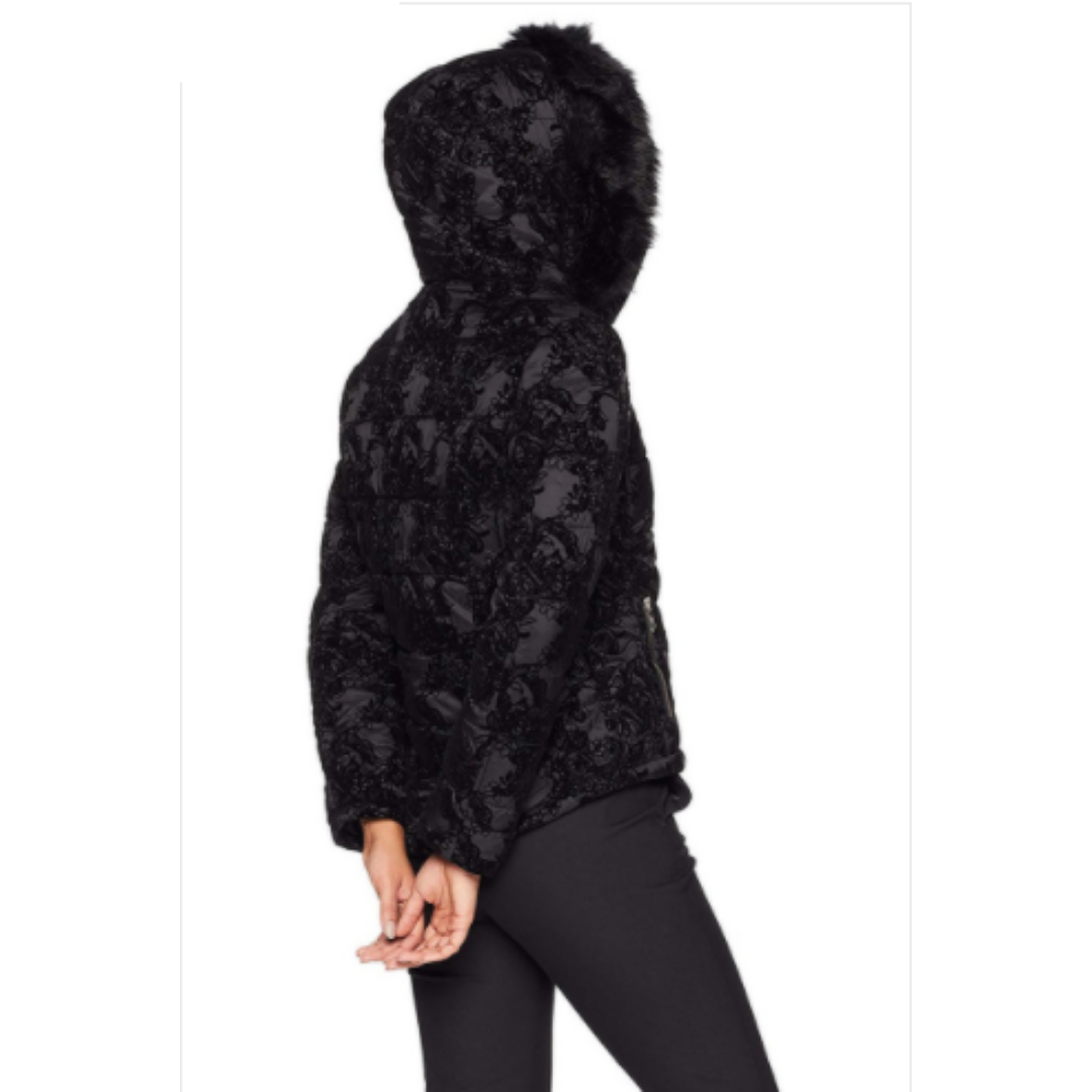 Women's Printed Hooded Velvet Parka Black