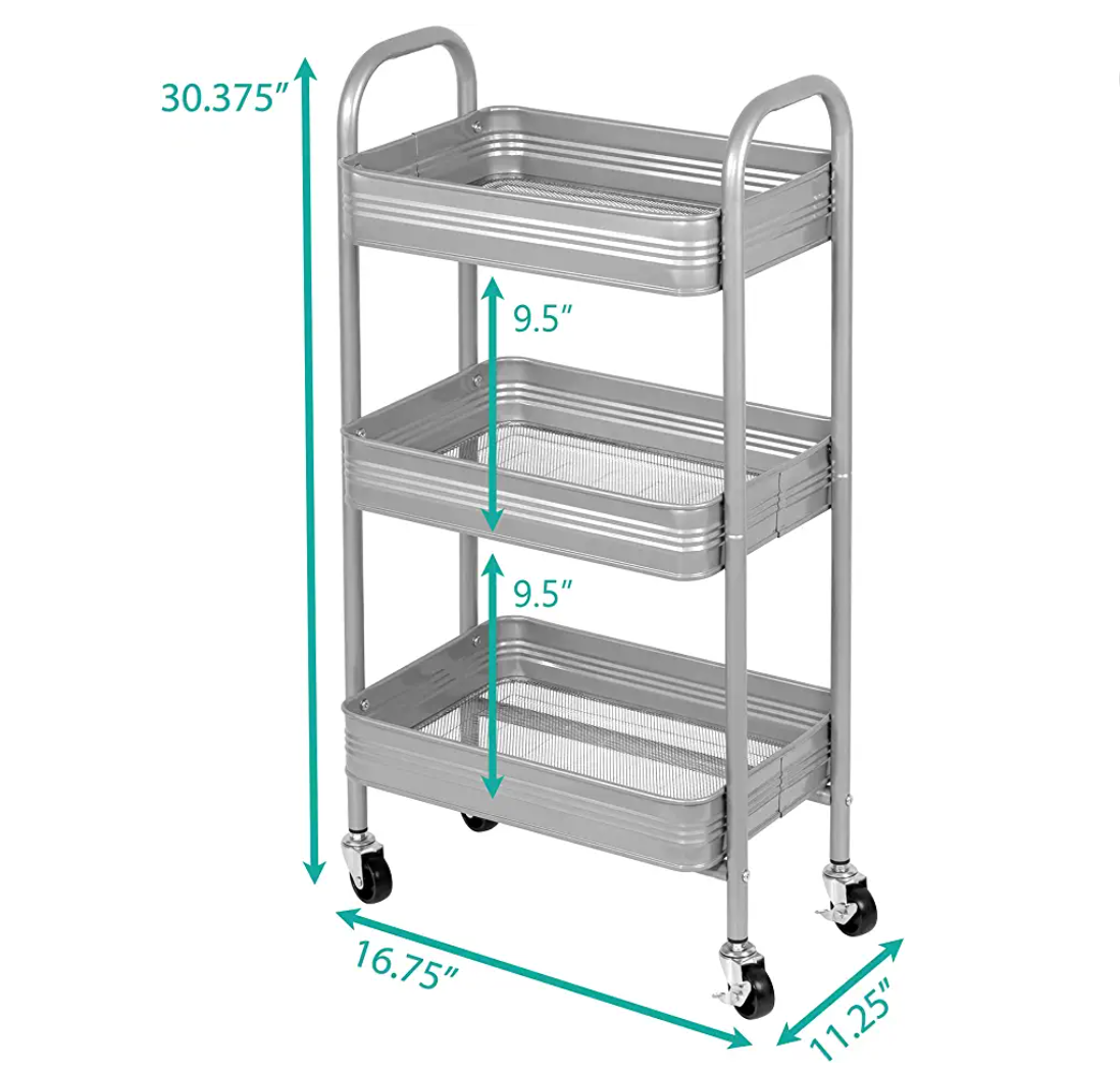 3 Tier Mesh & Metal Cart  Silver