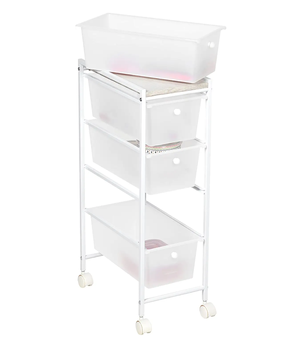 4 Drawer Narrow Plastic Cart With Wood Top White