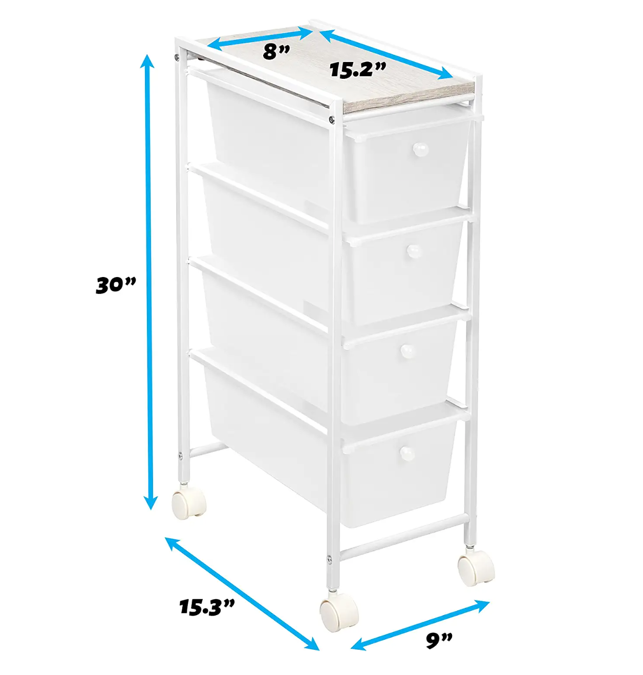 4 Drawer Narrow Plastic Cart With Wood Top White