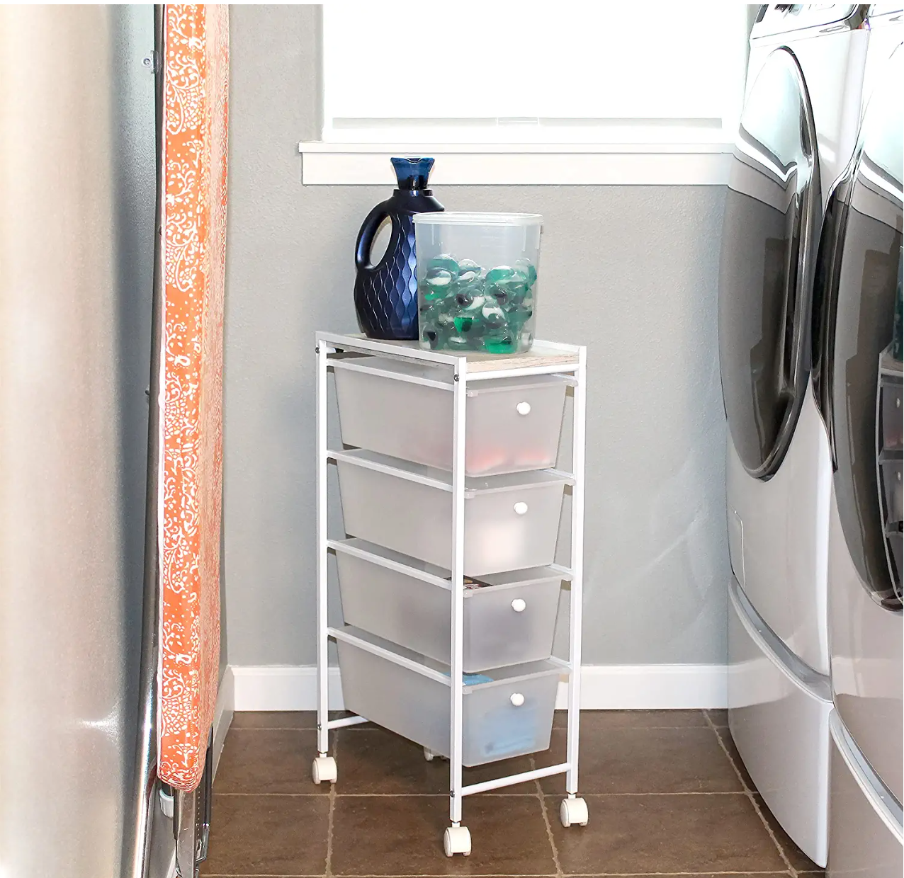 4 Drawer Narrow Plastic Cart With Wood Top White