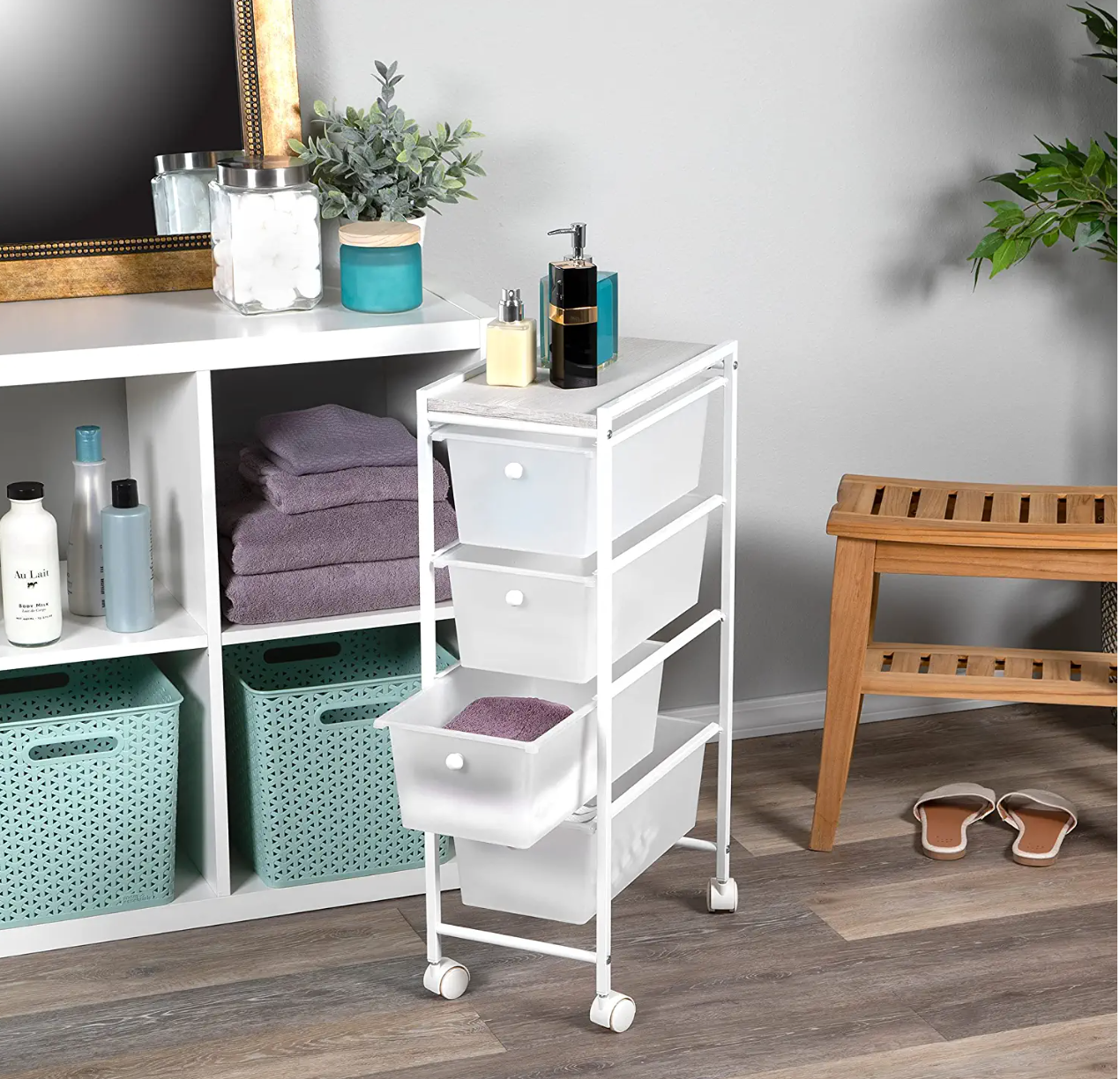 4 Drawer Narrow Plastic Cart With Wood Top White