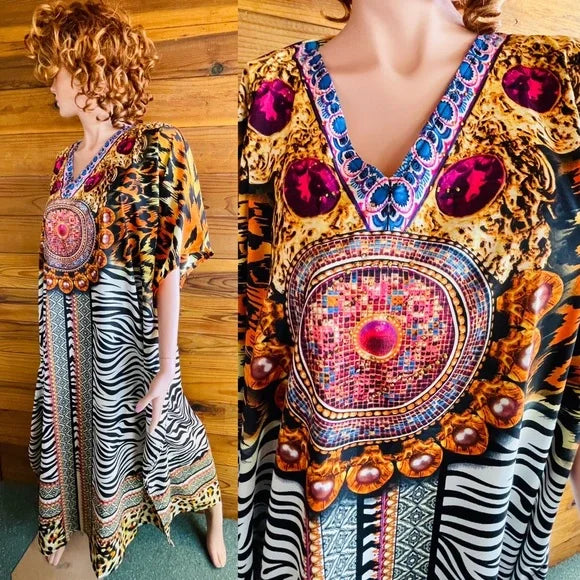 Long kaftan Leopard Zebra Pearls Print