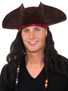 Brown Pirate Hat W/ Attached Pirate Wig & Red Bandanna